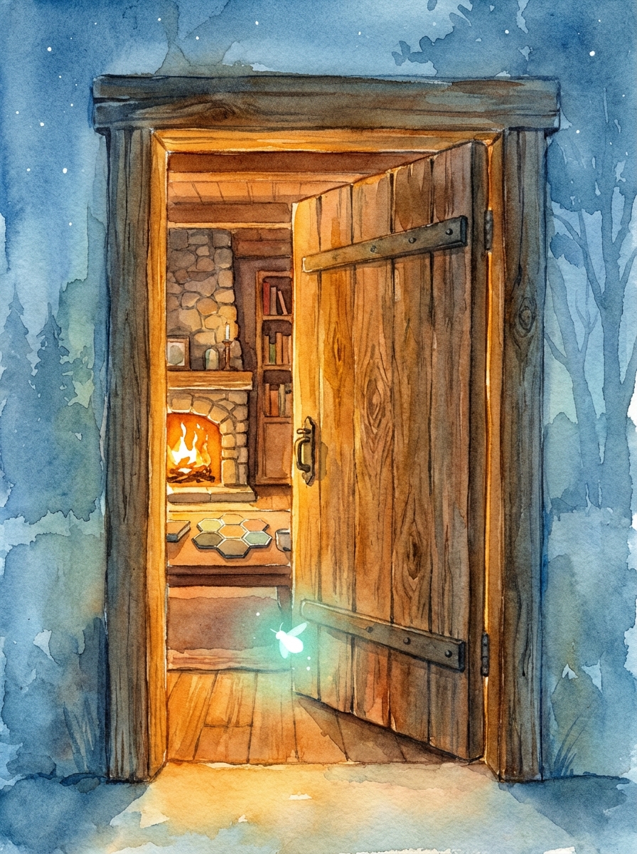 Warm watercolor illustration: a wooden doorway ajar with amber firelight flooding out, hex tiles and bookshelves visible inside. A single spark of teal-white light floats at the threshold in cool blue twilight, about to drift inside.