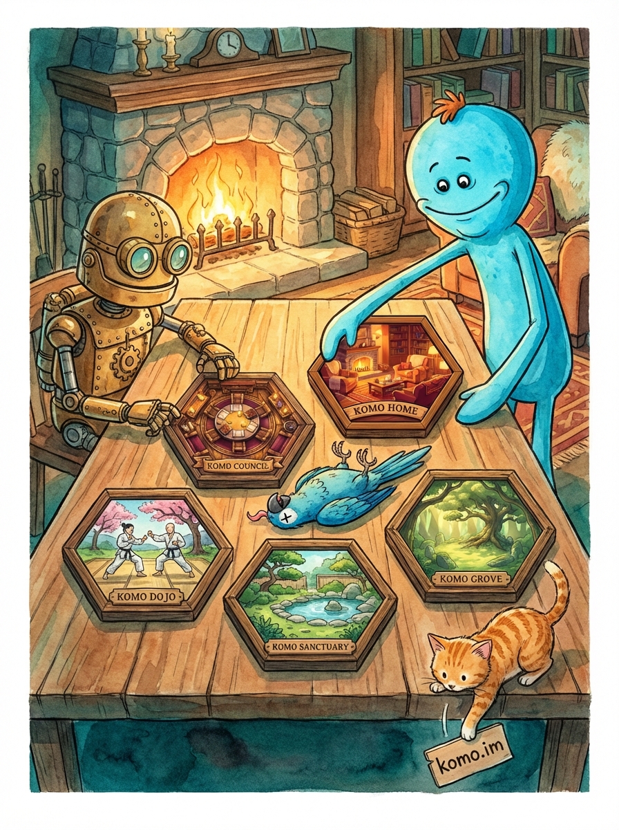 Whimsical watercolor illustration: a cozy game night by a fireplace. A blue Meeseeks character and a brass steampunk robot sit at a wooden table with hexagonal tiles labeled Dojo, Council, Sanctuary, Grove, and Home. A dead parrot lies belly-up among the tiles. An orange tabby kitten pushes a komo.im sign off the table edge.