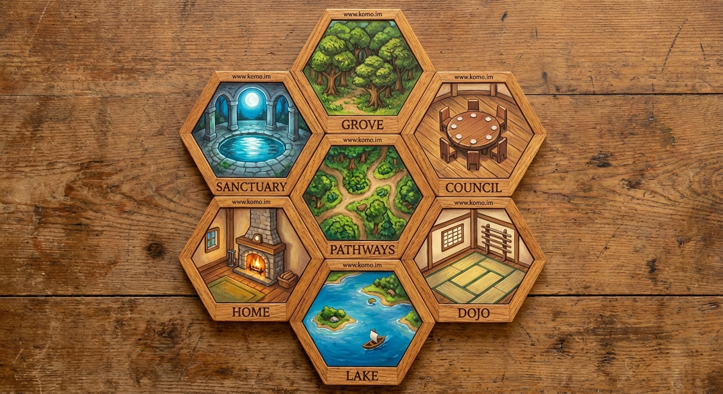 Seven hexagonal game tiles arranged in honeycomb pattern with wooden frames. Center: Pathways (lantern-lit crossroads). Surrounding: Grove (forest clearing), Council (circular chamber), Dojo (training floor), Lake (mountain lake), Cave (crystal cave), Sanctuary (moonlit garden)