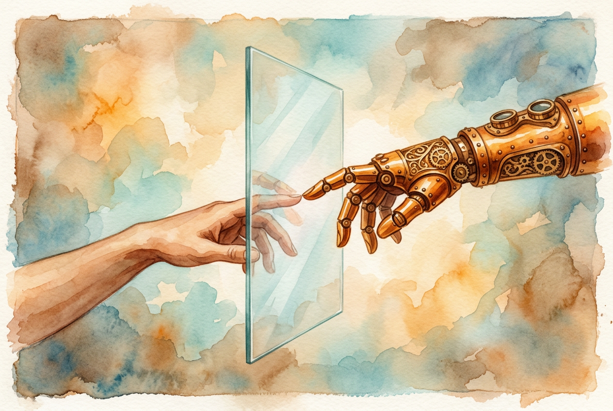 Warm watercolor illustration inspired by Michelangelo's Creation of Adam: a human hand and a brass steampunk robot hand reaching toward each other across a thin vertical pane of glass, fingertips almost touching from opposite sides, ethereal amber and teal watercolor background.